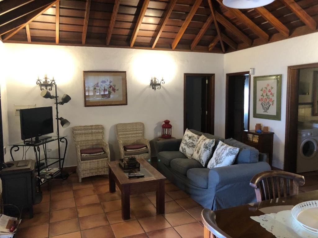 Salón con chimenea y techo de madera
